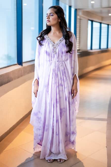 Buy Merge Design Purple Georgette V Neck Tie Dye Kaftan at Aza Fashions Buy_Merge Design_Purple Georgette V Neck Tie Dye Kaftan_at_Aza_Fashions