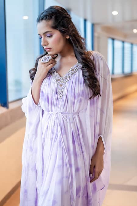 Shop Merge Design Purple Georgette V Neck Tie Dye Kaftan at Aza Fashions Shop_Merge Design_Purple Georgette V Neck Tie Dye Kaftan_at_Aza_Fashions