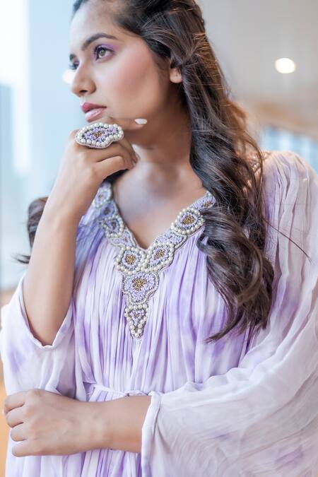 Merge Design Purple Georgette V Neck Tie Dye Kaftan Online at Aza Fashions Merge Design_Purple Georgette V Neck Tie Dye Kaftan_Online_at_Aza_Fashions