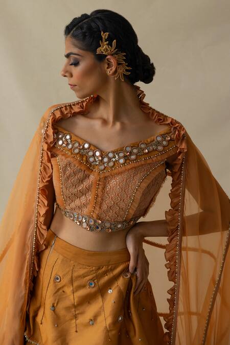 Shop Merge Design Orange Pearls And Mirrors One Shoulder Layered Lehenga Set With Ruffle Dupatta Online at Aza Fashions Shop_Merge Design_Orange Pearls And Mirrors One Shoulder Layered Lehenga Set With Ruffle Dupatta _Online_at_Aza_Fashions