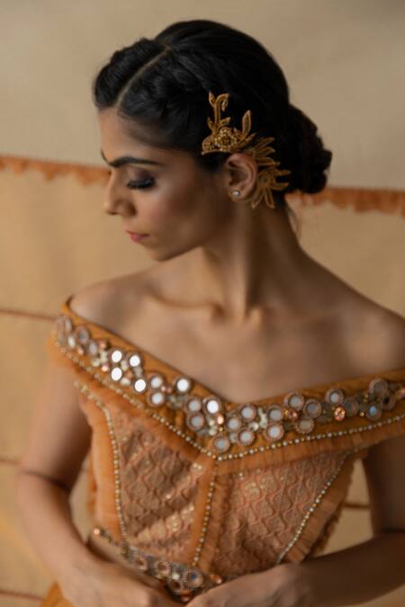 Merge Design Orange Pearls And Mirrors One Shoulder Layered Lehenga Set With Ruffle Dupatta at Aza Fashions Merge Design_Orange Pearls And Mirrors One Shoulder Layered Lehenga Set With Ruffle Dupatta _at_Aza_Fashions