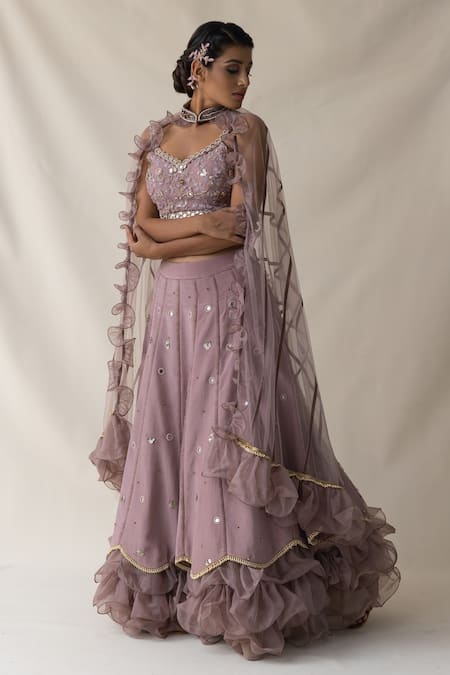 Buy_Merge Design_Pink Mirror, Sequin, Thread Leaf Neck Embroidered Ruffle Lehenga Set With Shrug_Online_at_Aza_Fashions