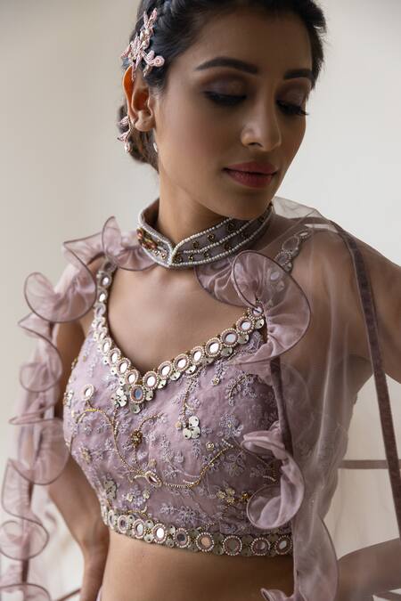 Merge Design_Pink Mirror, Sequin, Thread Leaf Neck Embroidered Ruffle Lehenga Set With Shrug_at_Aza_Fashions