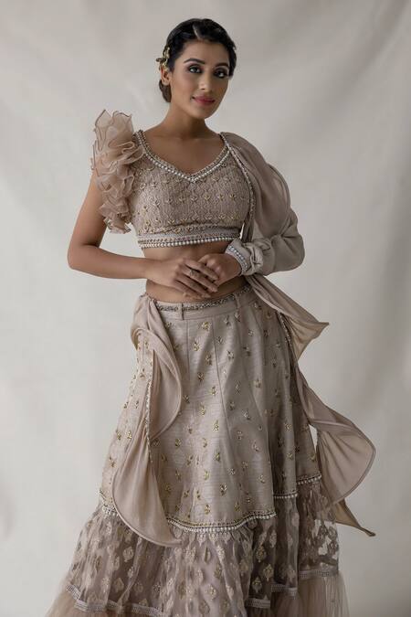 Buy_Merge Design_Beige Blouse , Lehenga Crepe And Leaf Pattern V Embroidered Ruffle Set _Online_at_Aza_Fashions