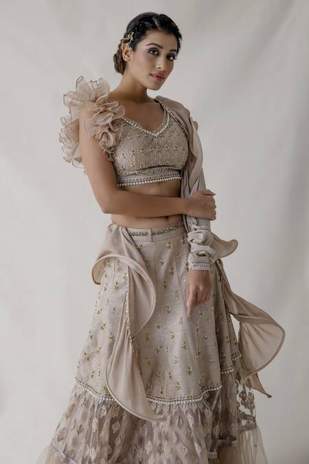 Shop_Merge Design_Beige Blouse , Lehenga Crepe And Leaf Pattern V Embroidered Ruffle Set _Online_at_Aza_Fashions