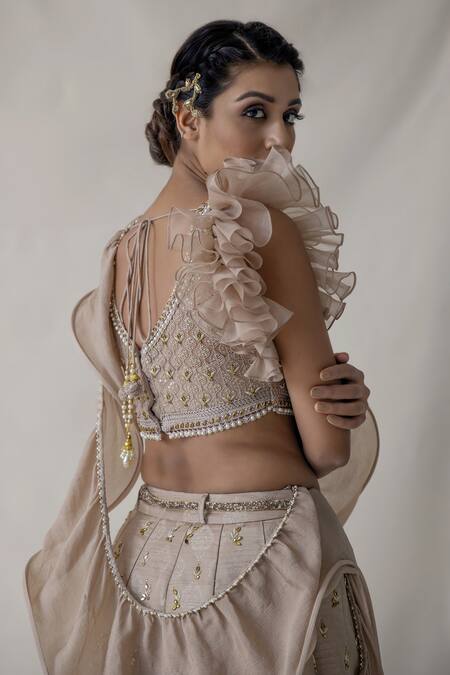 Merge Design_Beige Blouse , Lehenga Crepe And Leaf Pattern V Embroidered Ruffle Set _at_Aza_Fashions
