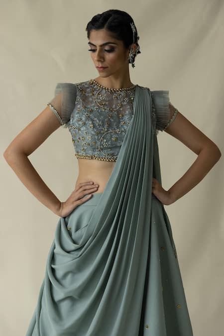 Buy_Merge Design_Blue Floral Work Round Layered Ruffle Lehenga Set_Online_at_Aza_Fashions