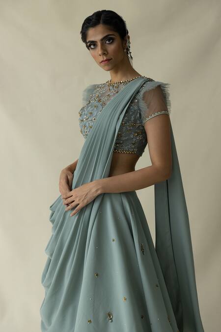 Shop_Merge Design_Blue Floral Work Round Layered Ruffle Lehenga Set_Online_at_Aza_Fashions