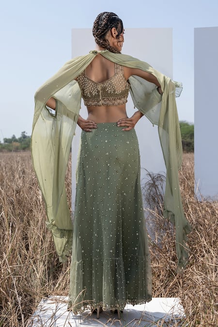 Shop Merge Design Green Pearls And Sequins Bustier Embroidered Tiered Lehenga Set With Shrug at Aza Fashions Shop_Merge Design_Green Pearls And Sequins Bustier Embroidered Tiered Lehenga Set With Shrug _at_Aza_Fashions
