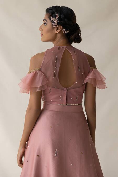 Merge Design Pink Pearls And Diamonds Round Scalloped Overlay Lehenga Set With Shrug at Aza Fashions Merge Design_Pink Pearls And Diamonds Round Scalloped Overlay Lehenga Set With Shrug _at_Aza_Fashions