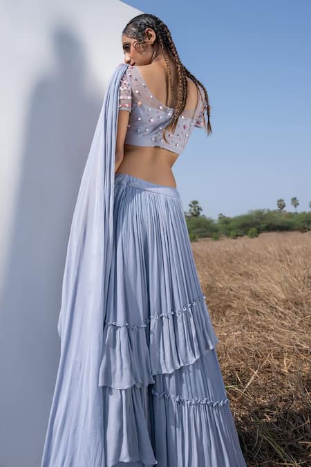 Shop_Merge Design_Blue Beads And Sequin Boat Layered Pleated Lehenga Set _at_Aza_Fashions