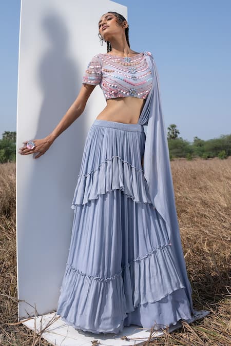 Merge Design_Blue Beads And Sequin Boat Layered Pleated Lehenga Set _Online_at_Aza_Fashions