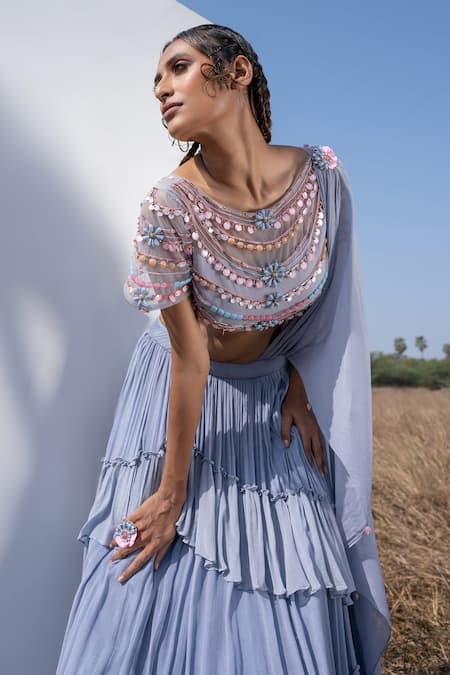 Buy_Merge Design_Blue Beads And Sequin Boat Layered Pleated Lehenga Set _Online_at_Aza_Fashions