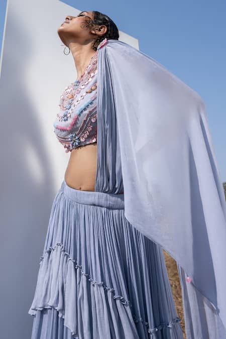 Shop_Merge Design_Blue Beads And Sequin Boat Layered Pleated Lehenga Set _Online_at_Aza_Fashions