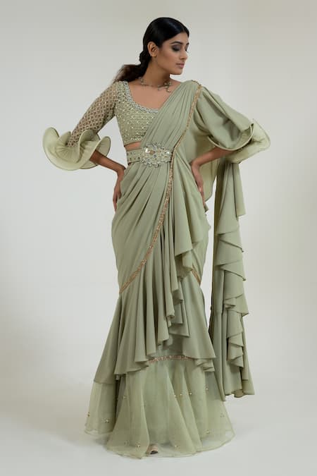 Buy_Merge Design_Green Mirror Scoop Neck Pre-draped Ruffle Saree With Blouse _Online_at_Aza_Fashions