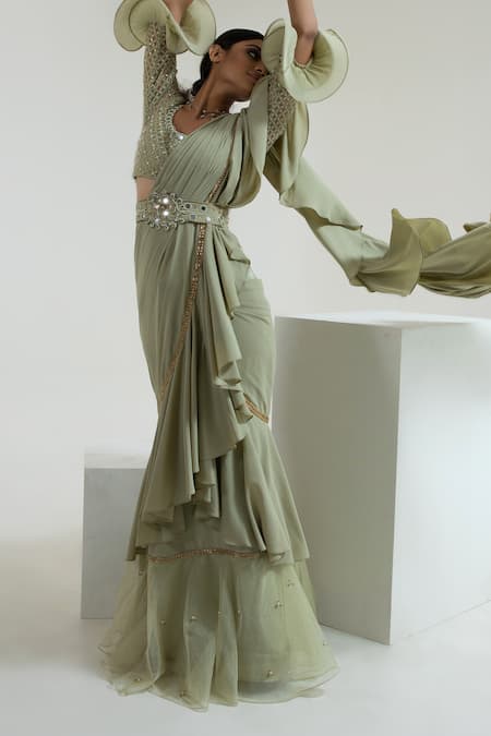 Shop_Merge Design_Green Mirror Scoop Neck Pre-draped Ruffle Saree With Blouse _Online_at_Aza_Fashions