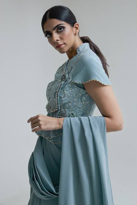 Shop_Merge Design_Blue Mirror Collared Neck Pre-draped Dhoti Saree With Peplum Blouse_Online_at_Aza_Fashions