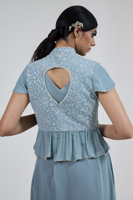 Merge Design_Blue Mirror Collared Neck Pre-draped Dhoti Saree With Peplum Blouse_at_Aza_Fashions