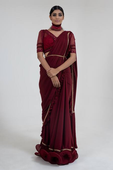 Merge Design Maroon Sequin, Thread And Beads V Neck Pre-draped Saree With Embroidered Blouse Online at Aza Fashions Merge Design_Maroon Sequin, Thread And Beads V Neck Pre-draped Saree With Embroidered Blouse _Online_at_Aza_Fashions