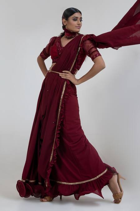 Buy Merge Design Maroon Sequin, Thread And Beads V Neck Pre-draped Saree With Embroidered Blouse Online at Aza Fashions Buy_Merge Design_Maroon Sequin, Thread And Beads V Neck Pre-draped Saree With Embroidered Blouse _Online_at_Aza_Fashions