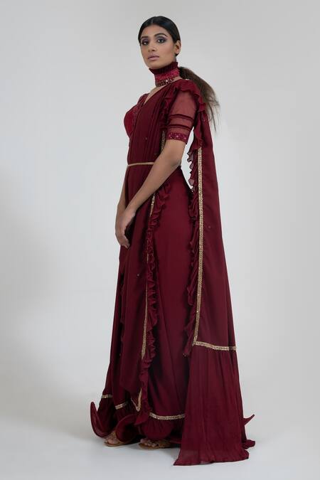 Shop Merge Design Maroon Sequin, Thread And Beads V Neck Pre-draped Saree With Embroidered Blouse Online at Aza Fashions Shop_Merge Design_Maroon Sequin, Thread And Beads V Neck Pre-draped Saree With Embroidered Blouse _Online_at_Aza_Fashions