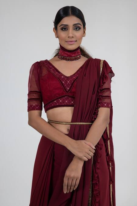 Merge Design Maroon Sequin, Thread And Beads V Neck Pre-draped Saree With Embroidered Blouse at Aza Fashions Merge Design_Maroon Sequin, Thread And Beads V Neck Pre-draped Saree With Embroidered Blouse _at_Aza_Fashions