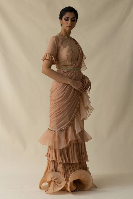 Merge Design_Peach Sequin, Thread And Beads Round Ruffle Saree With Embroidered Blouse _Online_at_Aza_Fashions