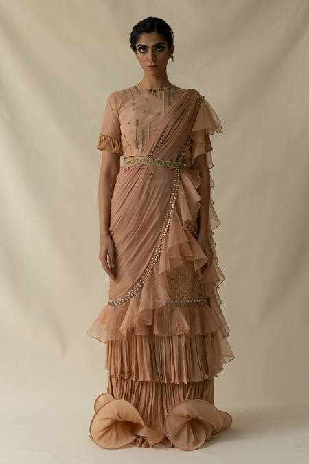 Buy_Merge Design_Peach Sequin, Thread And Beads Round Ruffle Saree With Embroidered Blouse _Online_at_Aza_Fashions