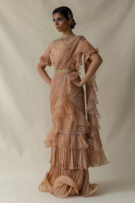Shop_Merge Design_Peach Sequin, Thread And Beads Round Ruffle Saree With Embroidered Blouse _Online_at_Aza_Fashions