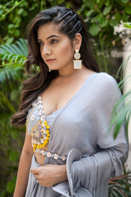 Merge Design_Blue Blouse , Skirt And Drape Pre-draped Saree With_Online_at_Aza_Fashions