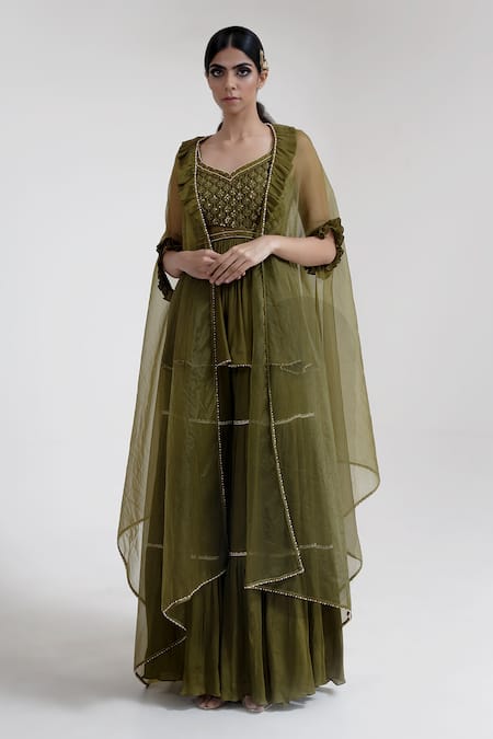 Merge Design Green Lining Crepe, Peplum And Sharara Chiffon, Shrug Embroidered Kurta Set