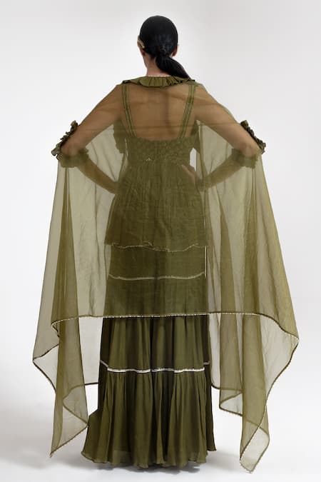 Shop Merge Design Green Lining Crepe, Peplum And Sharara Chiffon, Shrug Embroidered Kurta Set at Aza Fashions Shop_Merge Design_Green Lining Crepe, Peplum And Sharara Chiffon, Shrug Embroidered Kurta Set _at_Aza_Fashions