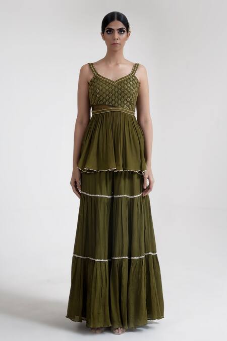 Merge Design Green Lining Crepe, Peplum And Sharara Chiffon, Shrug Embroidered Kurta Set Online at Aza Fashions Merge Design_Green Lining Crepe, Peplum And Sharara Chiffon, Shrug Embroidered Kurta Set _Online_at_Aza_Fashions