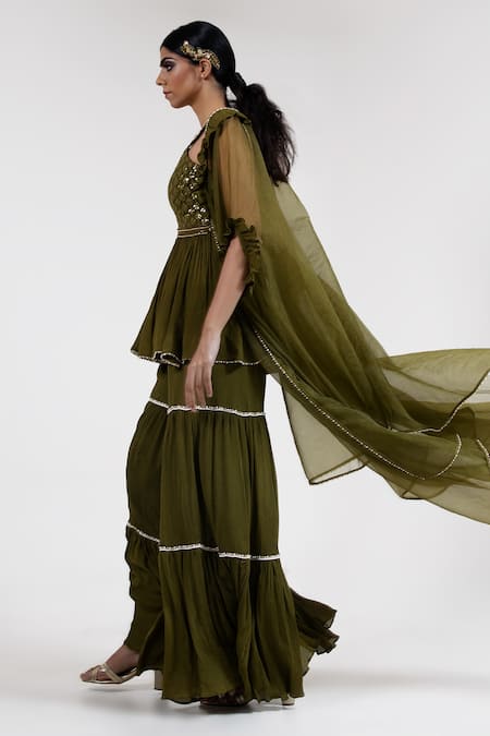 Buy Merge Design Green Lining Crepe, Peplum And Sharara Chiffon, Shrug Embroidered Kurta Set Online at Aza Fashions Buy_Merge Design_Green Lining Crepe, Peplum And Sharara Chiffon, Shrug Embroidered Kurta Set _Online_at_Aza_Fashions