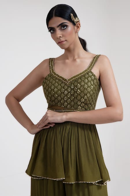Merge Design Green Lining Crepe, Peplum And Sharara Chiffon, Shrug Embroidered Kurta Set at Aza Fashions Merge Design_Green Lining Crepe, Peplum And Sharara Chiffon, Shrug Embroidered Kurta Set _at_Aza_Fashions