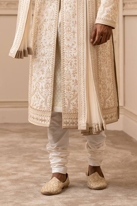 Buy_Tarun Tahiliani_White Churidar Poplin Lycra, Kamarbandh Raw Silk, Kurta Embroidered Set_Online_at_Aza_Fashions
