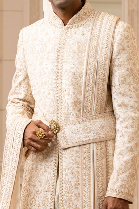 Shop_Tarun Tahiliani_White Churidar Poplin Lycra, Kamarbandh Raw Silk, Kurta Embroidered Set_Online_at_Aza_Fashions