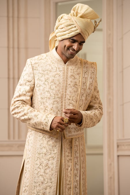 Buy_Tarun Tahiliani_Gold Churidar Stretch Poplin, Kurta Dupion Silk, Sherwani And Embroidered Set_Online_at_Aza_Fashions