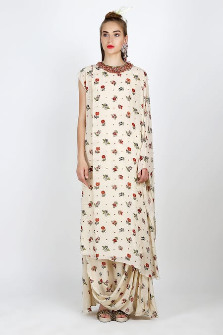 Nikasha White Round One Shoulder Kurta With Skirt Set 