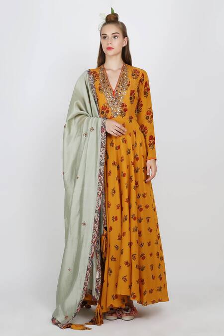 Nikasha Yellow Cotton Silk V Neck Printed Anarkali Set For Women