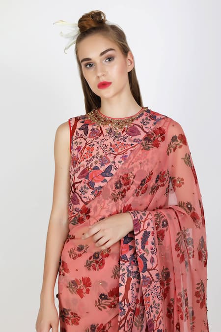 Buy_Nikasha_Pink Crepe, Chiffon Round Printed Saree With Blouse _Online_at_Aza_Fashions