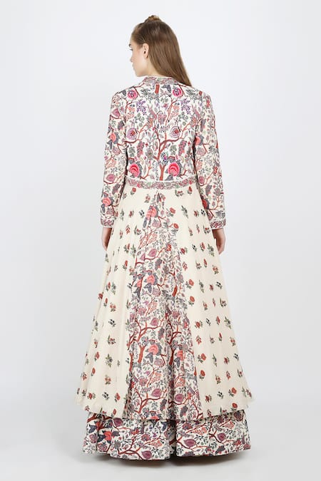 Shop_Nikasha_White , Silk Mandarin Collar, Printed Jacket And Lehenga Set _at_Aza_Fashions