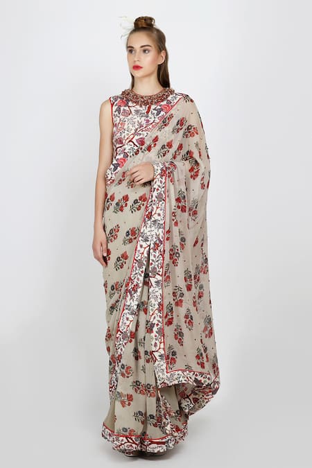 Nikasha Grey Round Printed Saree With Blouse For Women