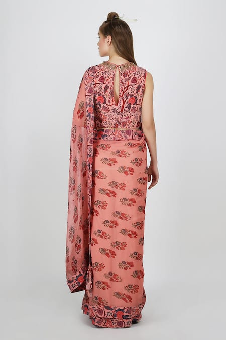 Nikasha_Pink Crepe, Chiffon Round Printed Saree With Blouse _Online_at_Aza_Fashions