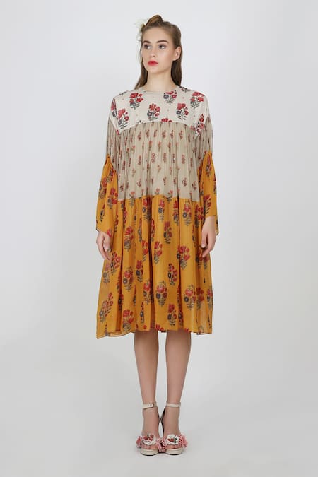 Nikasha Yellow Round Printed Tiered Dress 