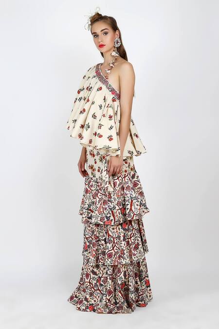 Buy_Nikasha_White One Shoulder Printed Top And Skirt Set _Online_at_Aza_Fashions