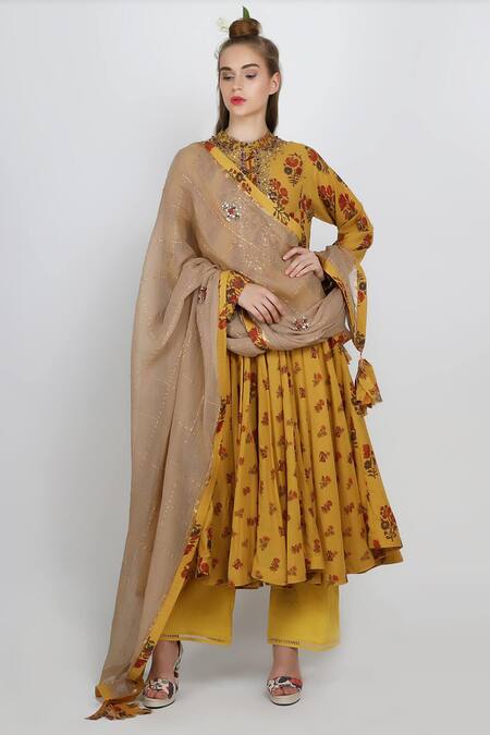 Nikasha_Yellow Cotton Silk Mandarin Collar Printed Anarkali And Pant Set _Online_at_Aza_Fashions