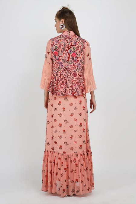 Shop Nikasha Pink V-neck, Round Printed Maxi Dress With Jacket at Aza Fashions Shop_Nikasha_Pink V-neck, Round Printed Maxi Dress With Jacket _at_Aza_Fashions