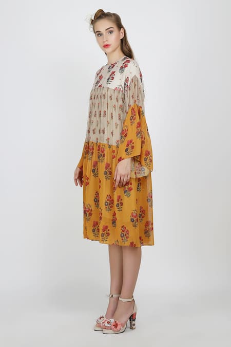 Nikasha_Yellow Round Printed Tiered Dress _Online_at_Aza_Fashions