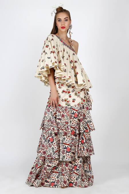 Shop_Nikasha_White One Shoulder Printed Top And Skirt Set _Online_at_Aza_Fashions